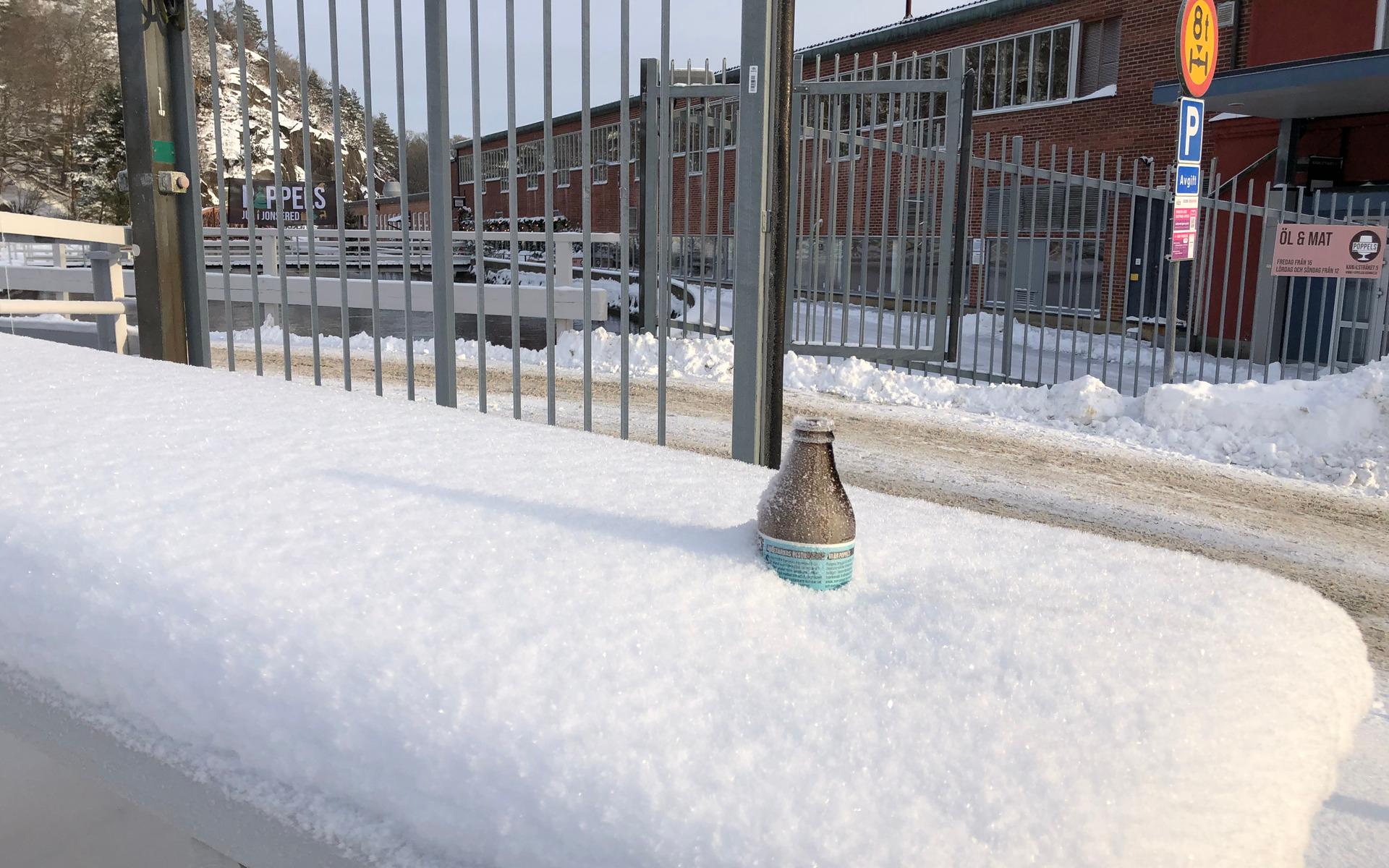 Någon har kylt en öl i snön. Men antagligen glömt den. Passande nog ligger bryggeriet i bakgrunden.