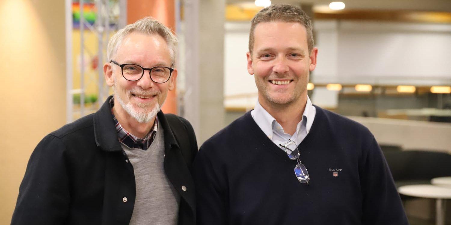 Henrik Andersson, rådgivare på Nyföretagarcentrum i Partille och Henrik Sjölander, entreprenör och aﬀärsutvecklare håller tillsammans i kursen för egenföretagare i Partille Kulturum.